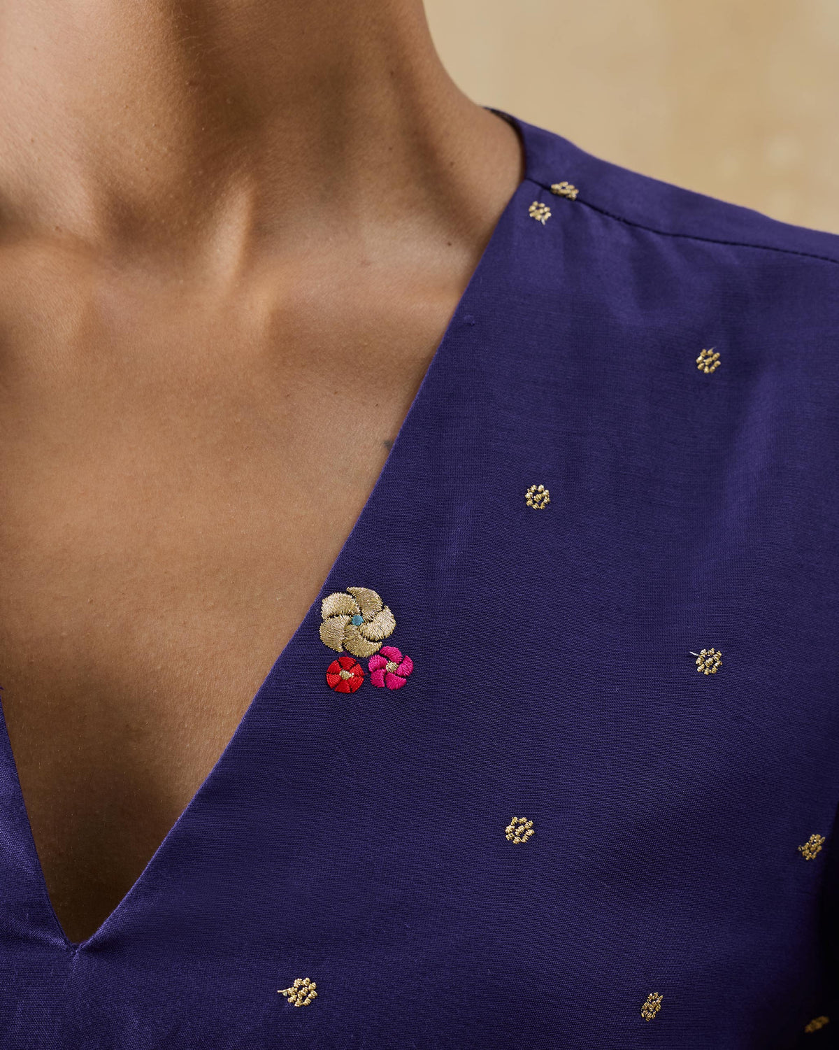 Close-up of embroidered florals at the V-neck of a purple Nebula Kurta.
