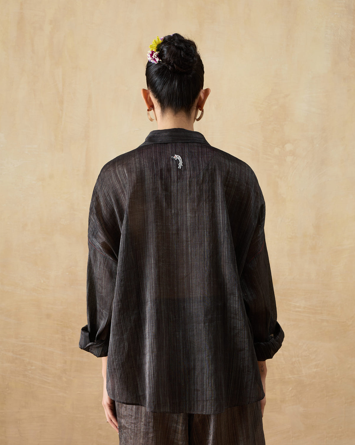 Back of the Firefly Shirt Set worn by a person, with rolled sleeves and a relaxed fit.