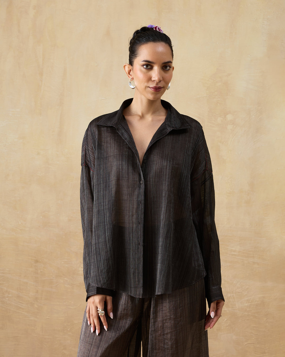 Person wearing the Firefly Shirt Set with a relaxed, button-front shirt in dark charcoal.