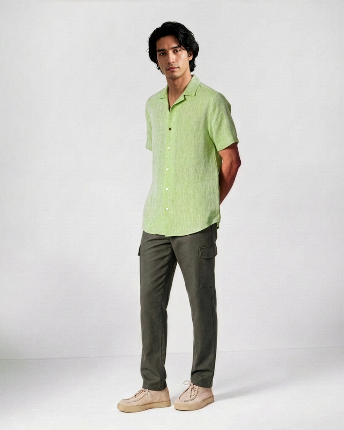 Olive Riverbank pants worn in a full outfit with a green shirt.