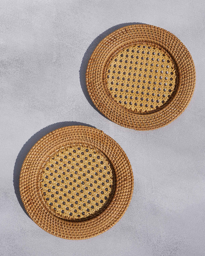 Overhead view of Rattan Chargers with woven cane centres.