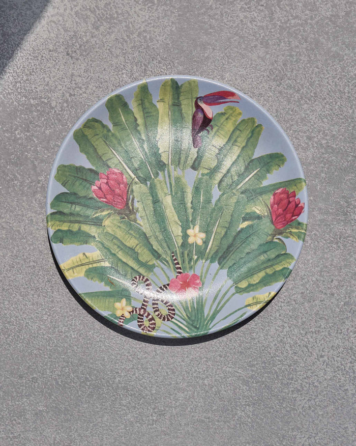 Madagascar quarter plate with banana leaves, toucan and pink flowers.
