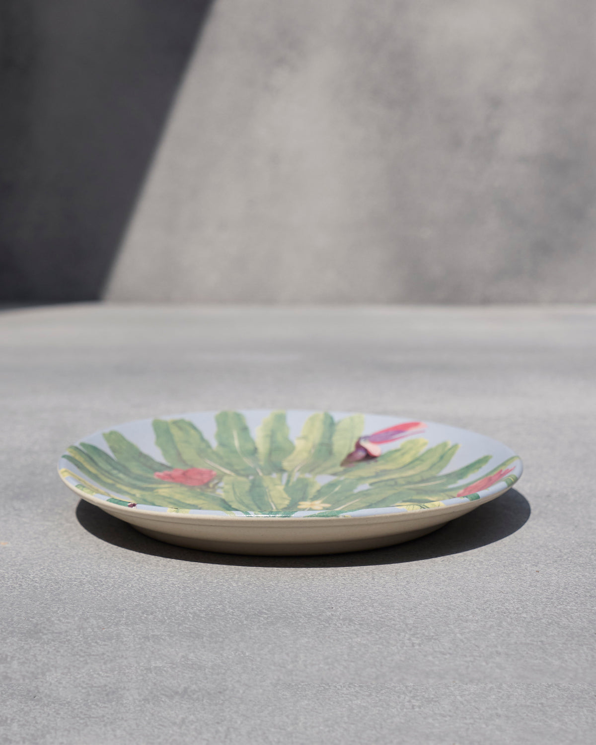 Madagascar quarter plate with tropical leaf print seen from a low angle.