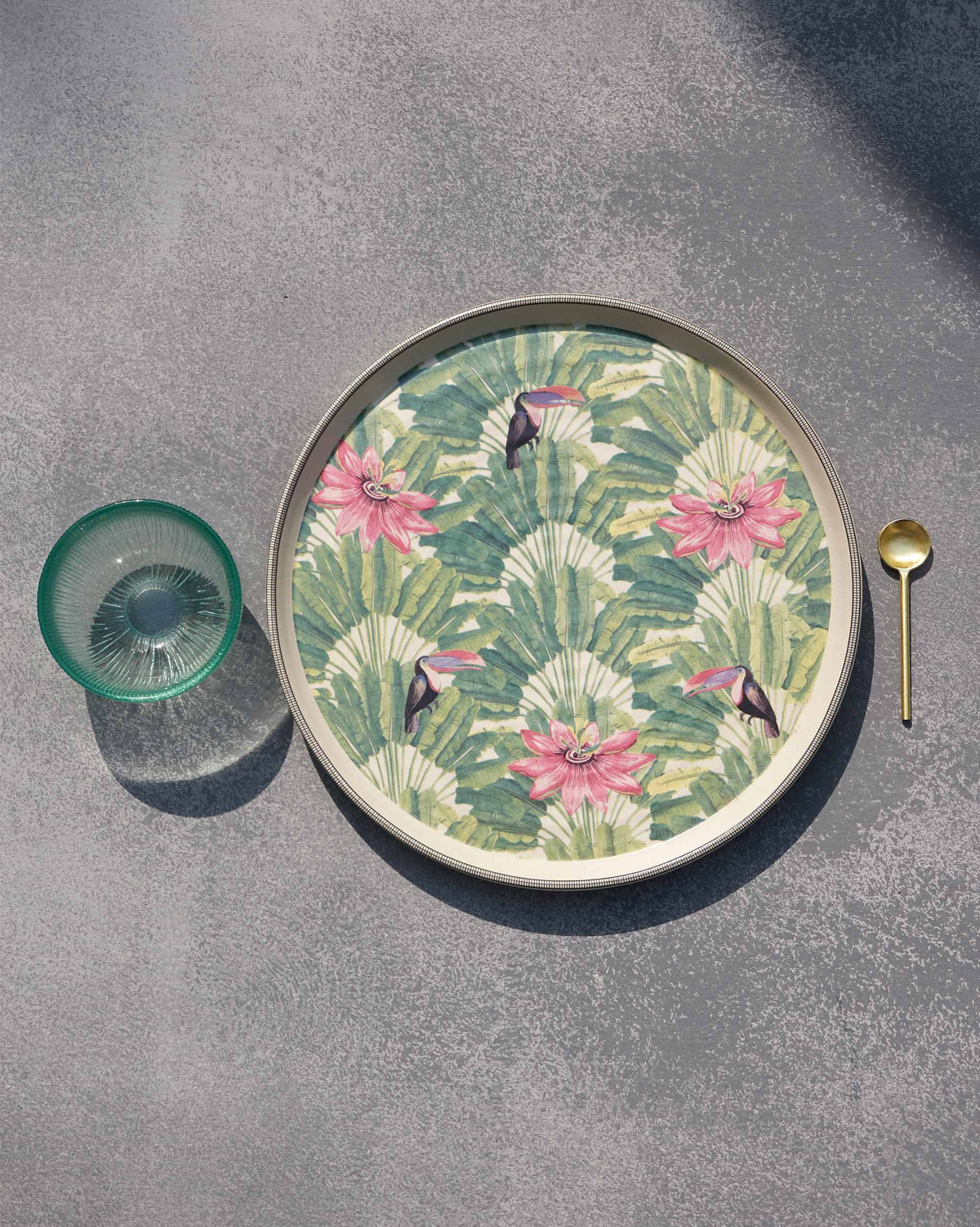 Madagascar Chip & Dip Platter with a glass dip bowl and gold spoon to its left.