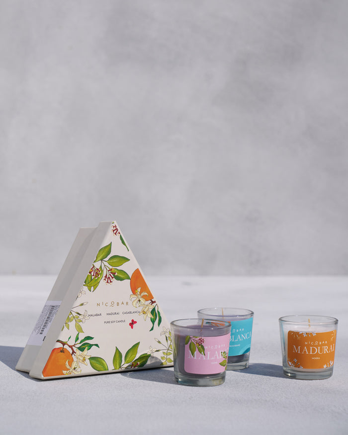 Trio Candle triangular gift box with Malabar, Madurai, and Casablanca votives.