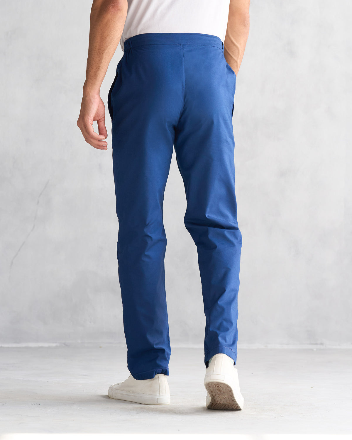 Back of blue Shillong Jammies worn by a person.