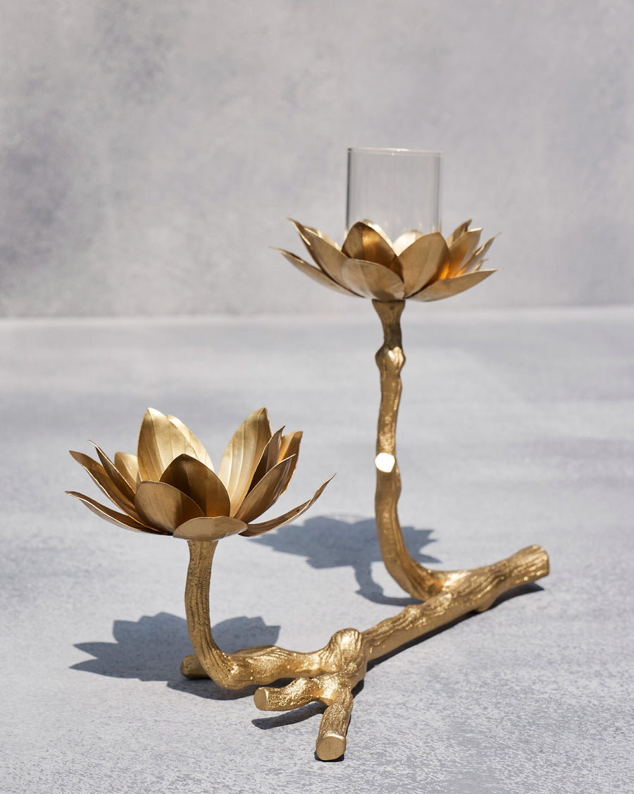 The gold Kamal holder, two lotus cups on a textured branch