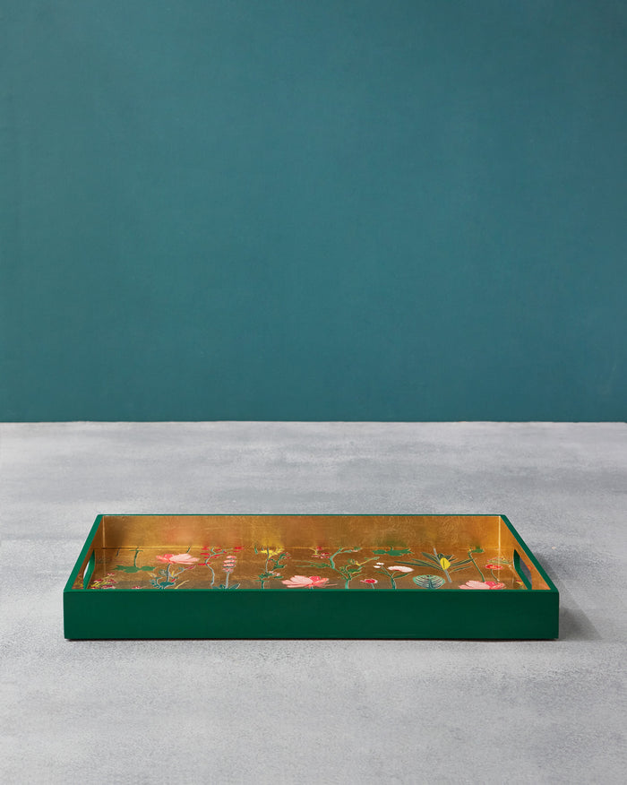 Mahi Rectangle Tray with a green frame and gold leaf floral print.