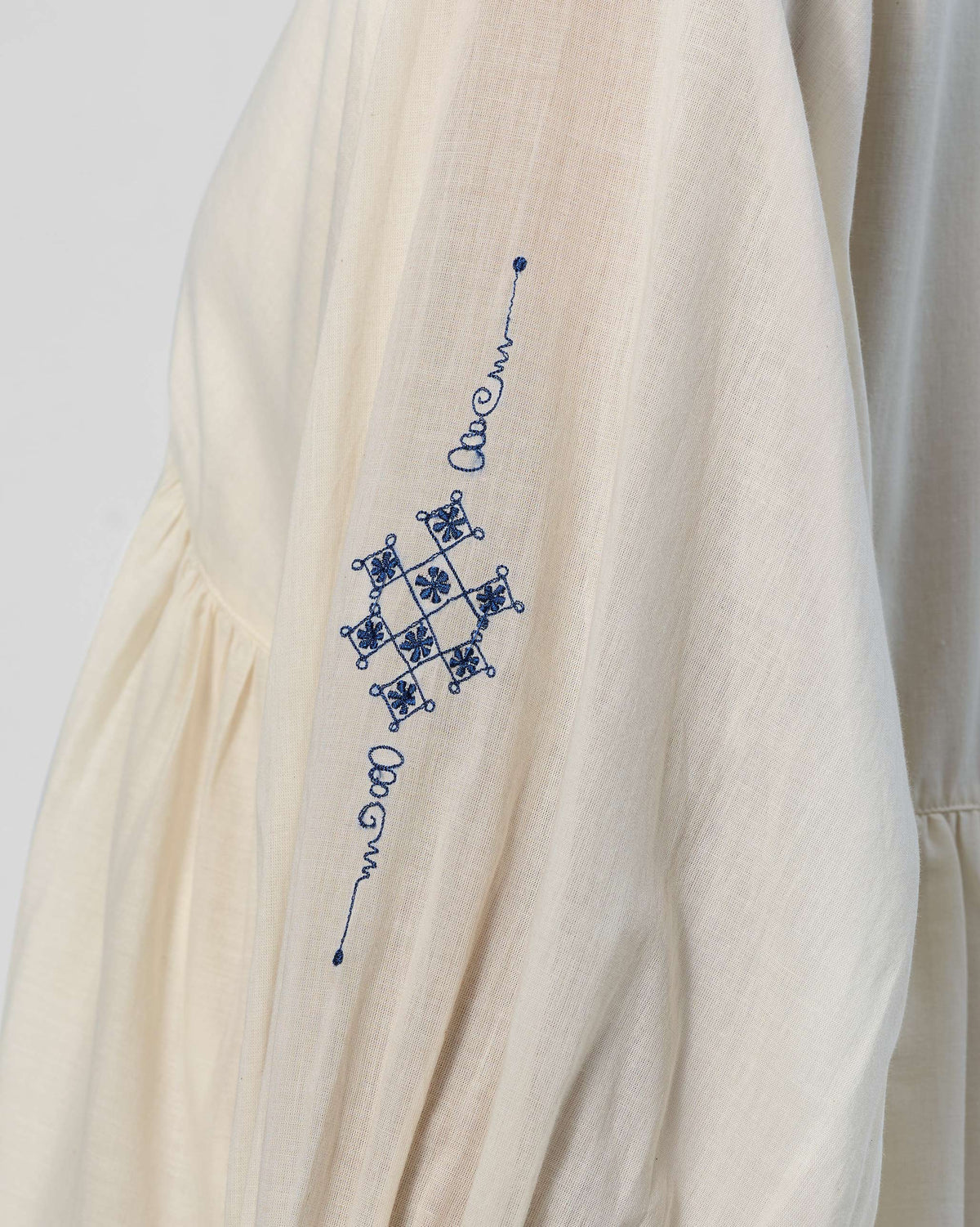 Close-up of blue lattice embroidery on an ivory Temple dress sleeve.