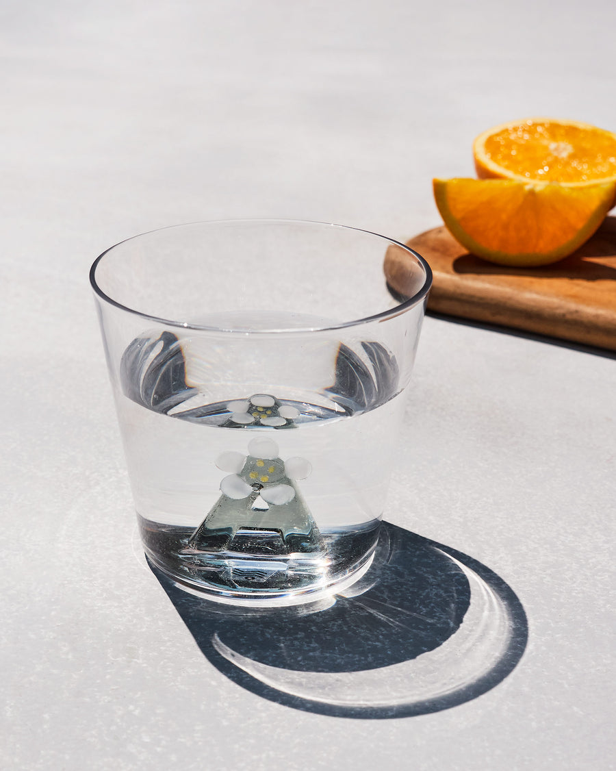 The A glass with water beside a halved orange