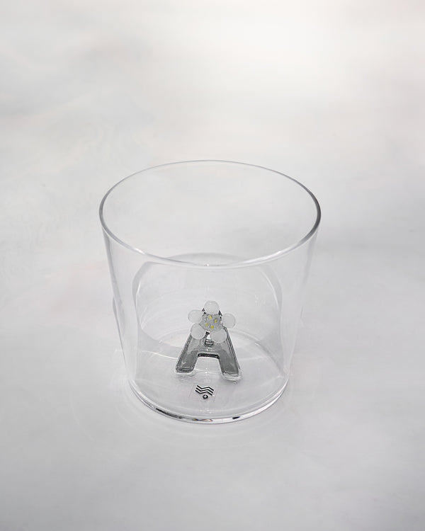 The empty glass with the letter A at the base