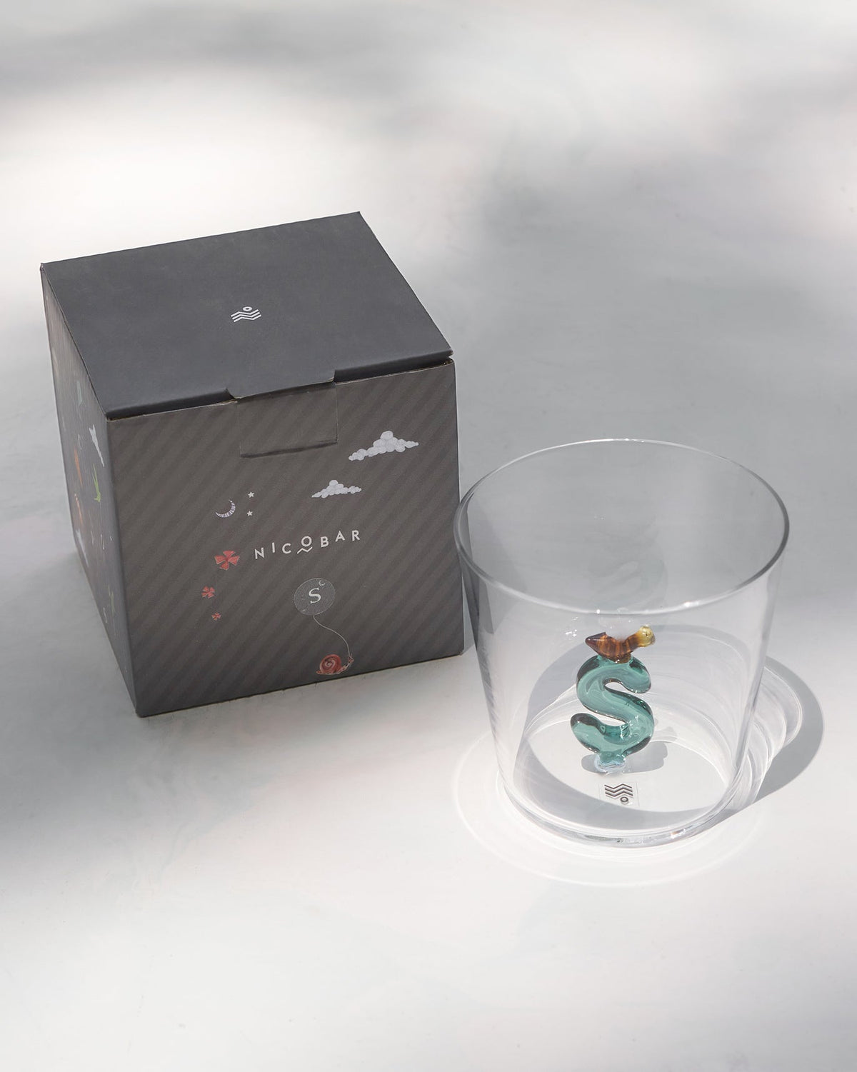 Alphabet S glass beside its illustrated Nicobar gift box.