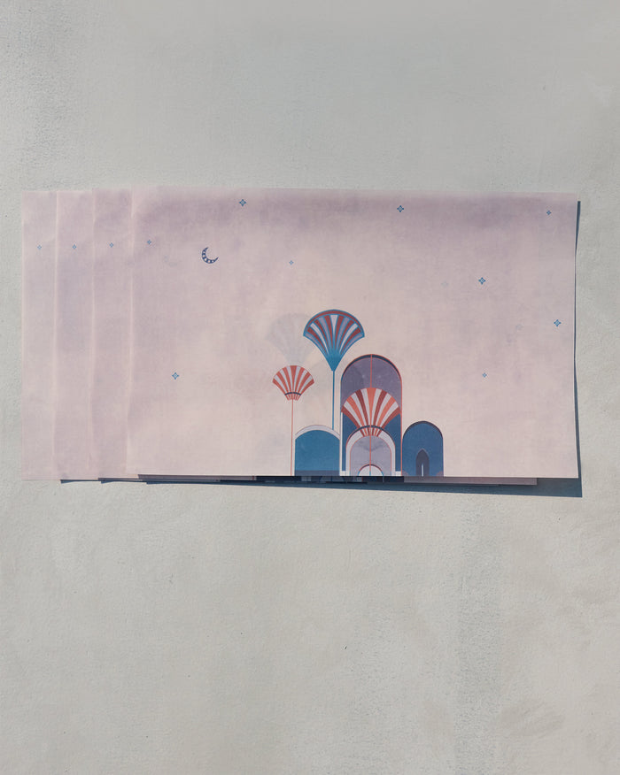 Set of four Tranquil Parchment Paper Rectangle sheets with arch and fan motifs.
