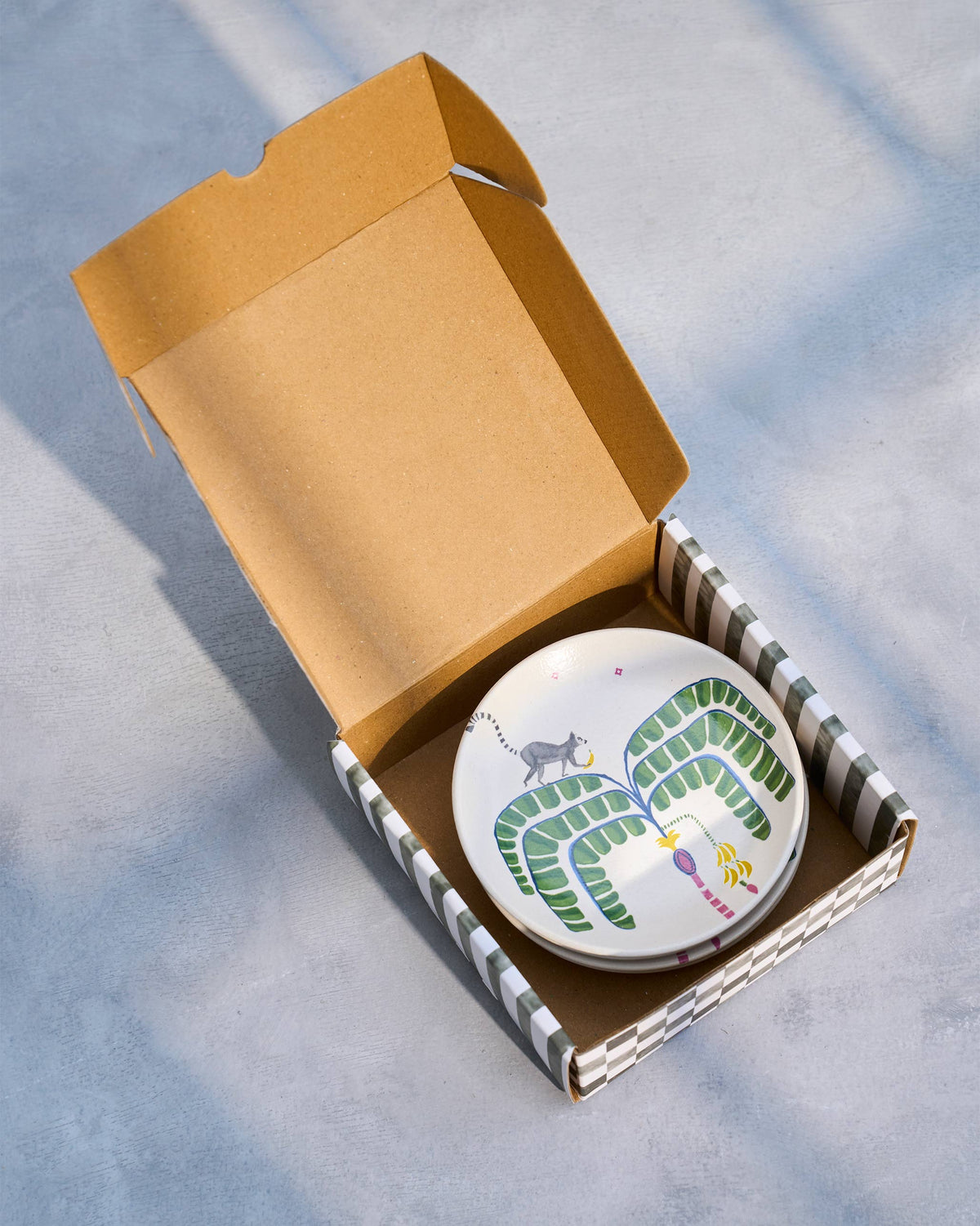 Safari tea plate packed inside an open kraft box.