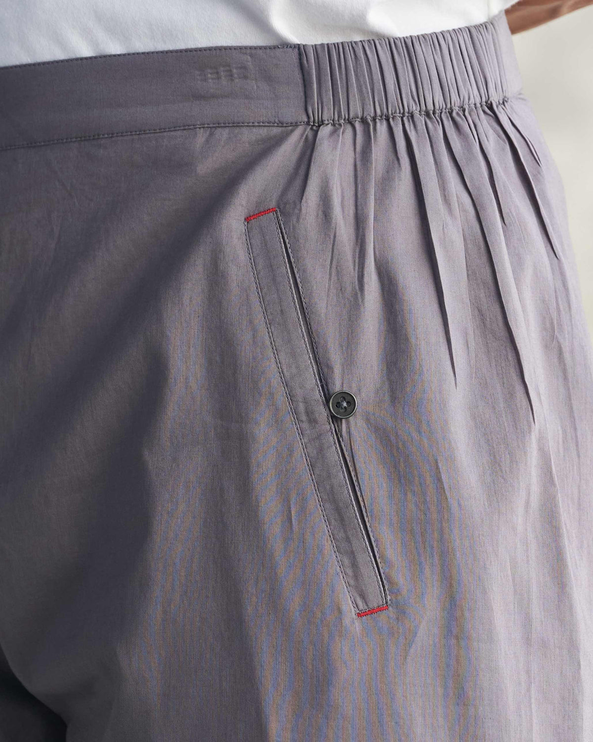 Close-up of charcoal Kurta Pants showing a buttoned pocket with red bar tacks.