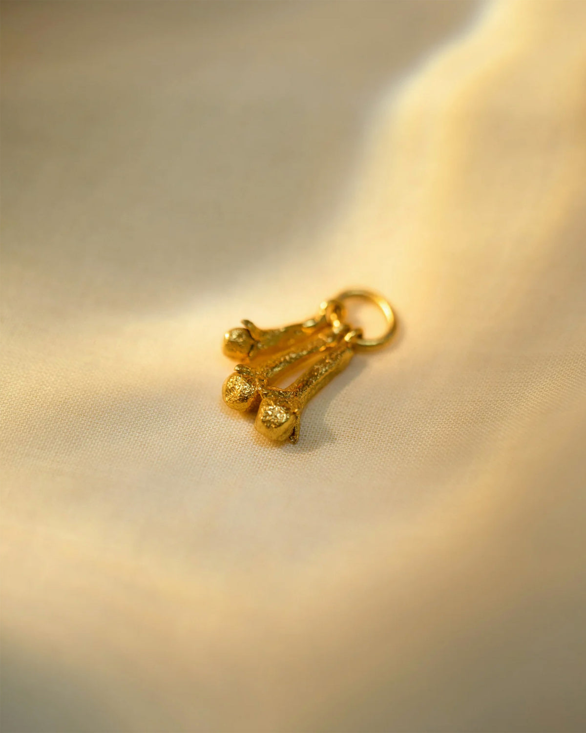 Close-up of three textured gold clove charms on one ring.