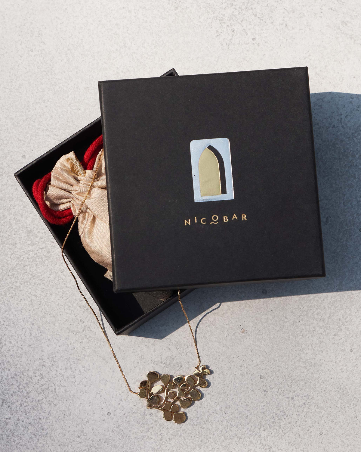 Gold Fern Necklace resting beside an open Nicobar gift box.