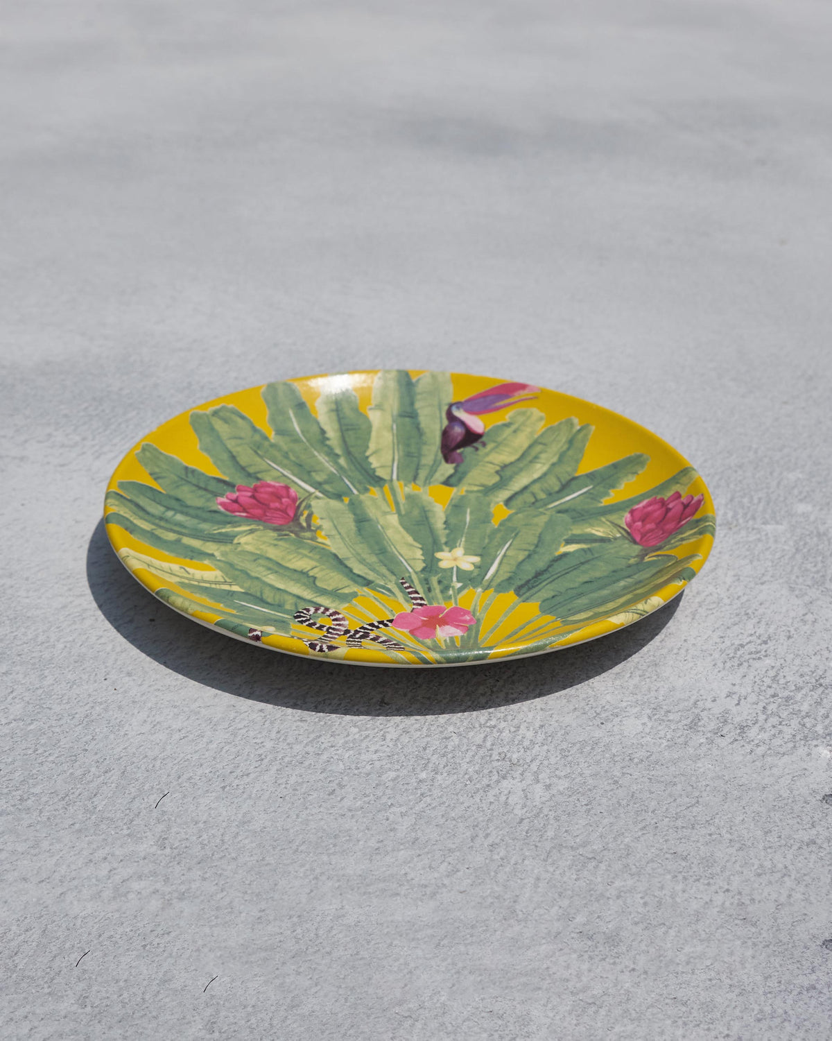 Yellow Madagascar quarter plate with banana leaves and a perched toucan.