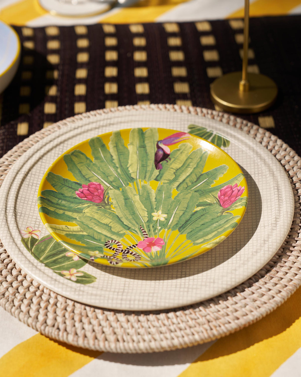 Yellow Madagascar quarter plate stacked on a cream dinner plate.