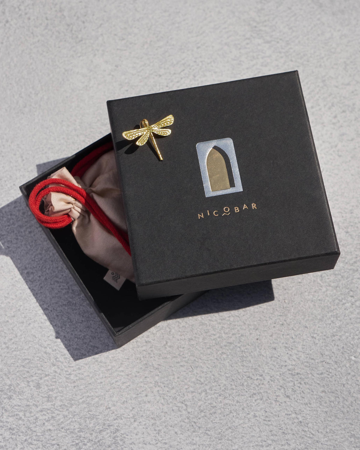 Dragonfly Charm resting on a black gift box beside a red drawstring pouch.