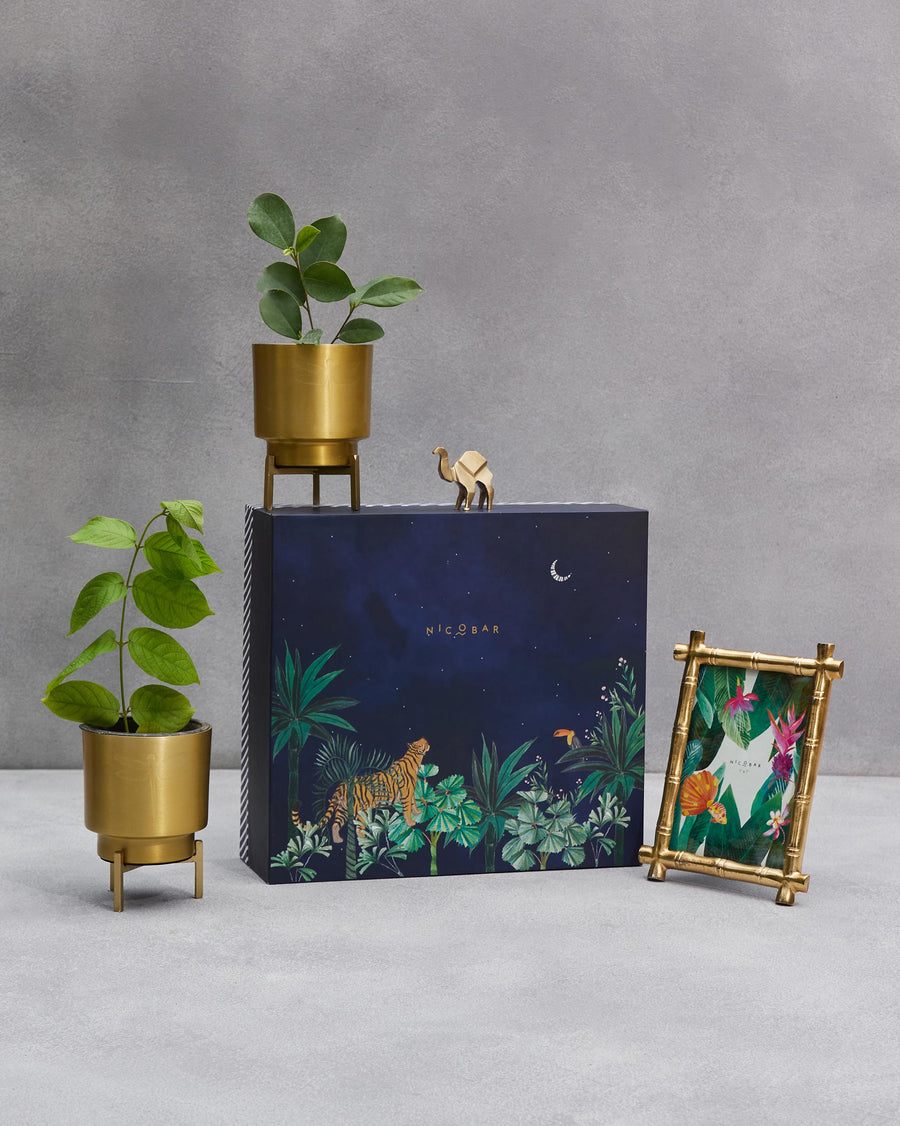 Brass planters, a brass camel and a bamboo-style frame around the navy jungle box