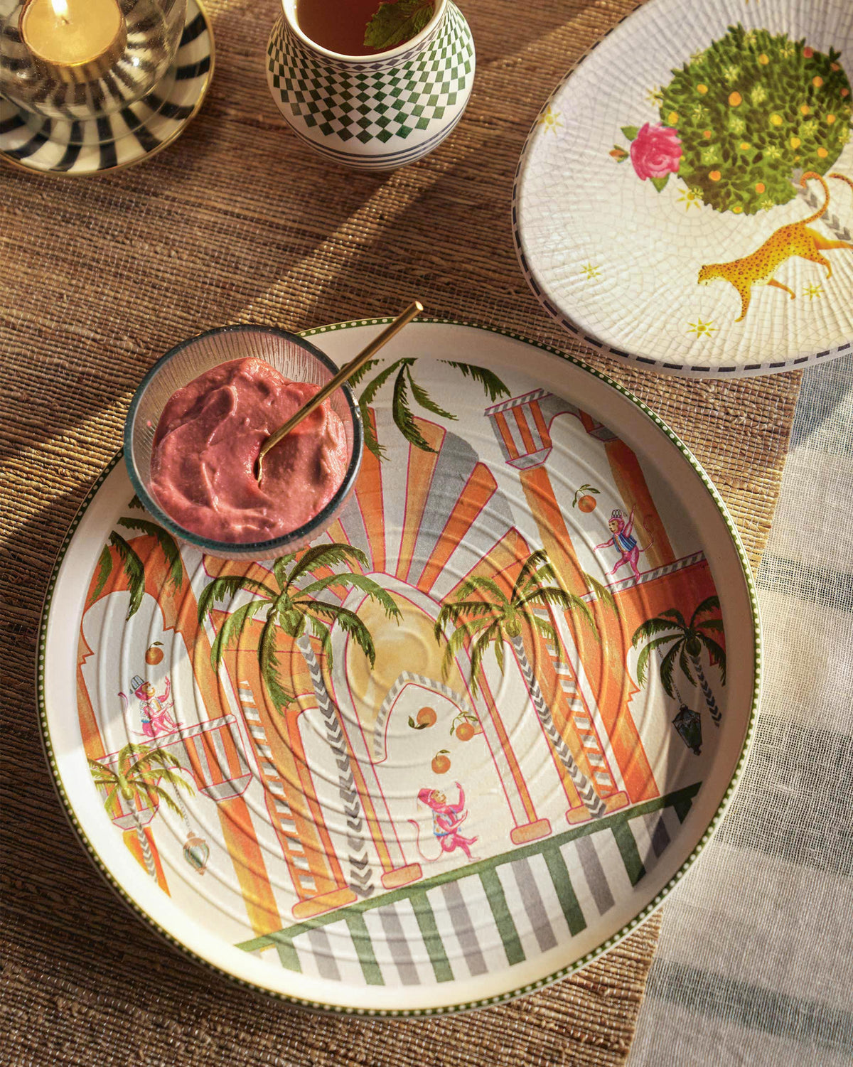 Mirage chip and dip platter served with dip on a woven table mat.