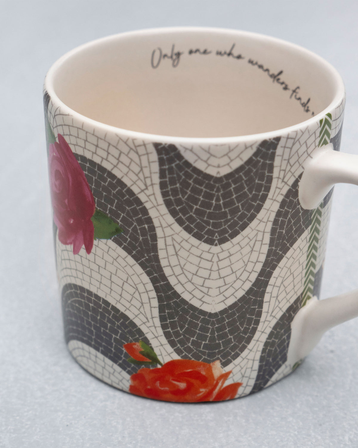 Close-up of pink and orange roses on the Mosaic Bloom straight mug mosaic print.