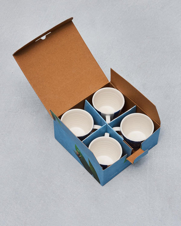 The open box from above, four mugs in their slots