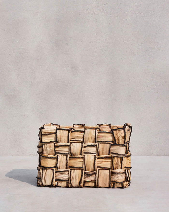 Small Mosaic basket in beige abaca with a dark brown grid weave.