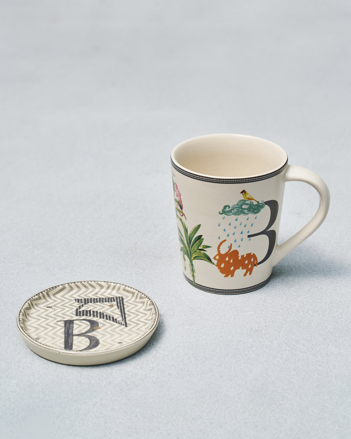 B Alphabet mug with letter B illustration and matching chevron coaster.