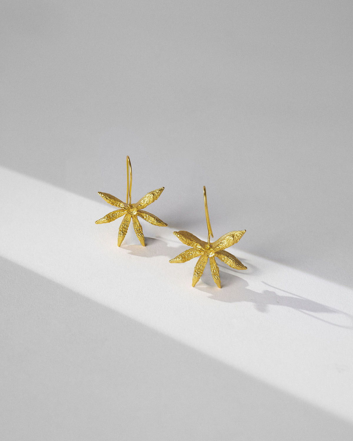 Pair of gold Star Anise dangle earrings laid flat.