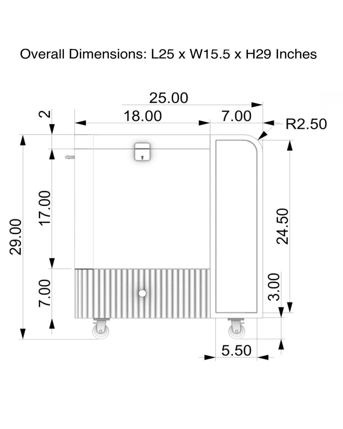 Technical front dimensions for the Contours of Time bar trolley.