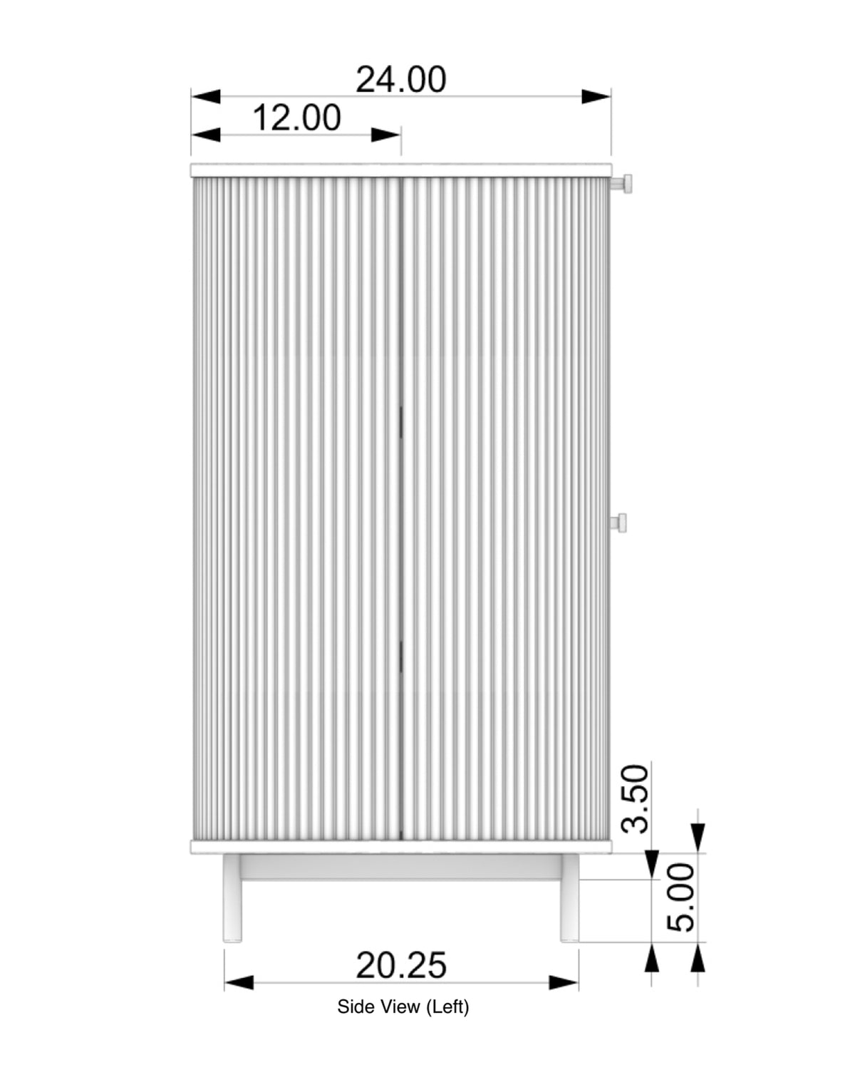 Labeled side view drawing of the Contours of Time fluted cabinet end.