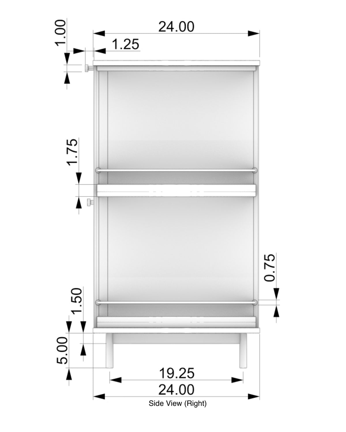Labeled side view drawing of Contours of Time open shelf end.