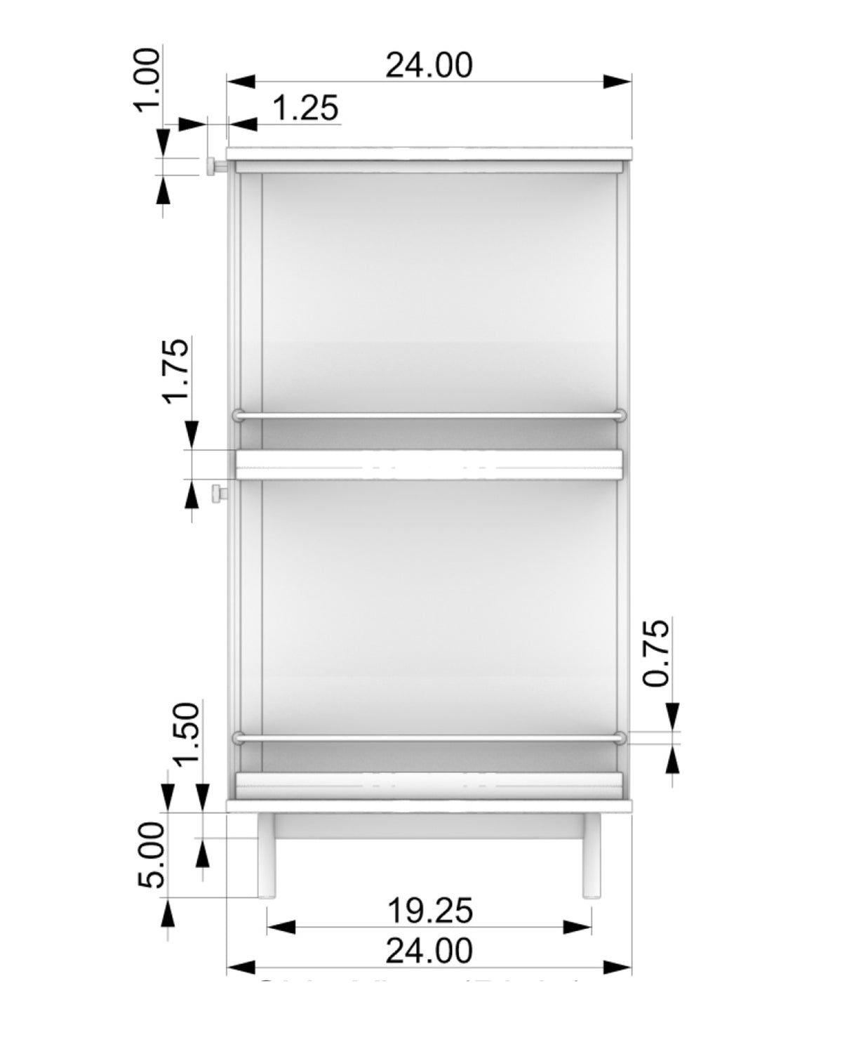 Schematic of Contours of Time open shelves with rail and leg dimensions.