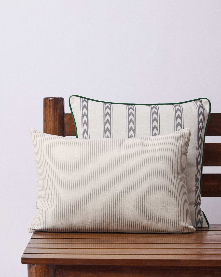 The striped back of the lumbar cushion cover.
