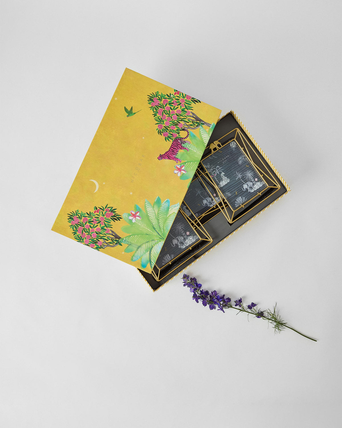 Nostalgia photo frames nested in an open ochre jungle gift box.