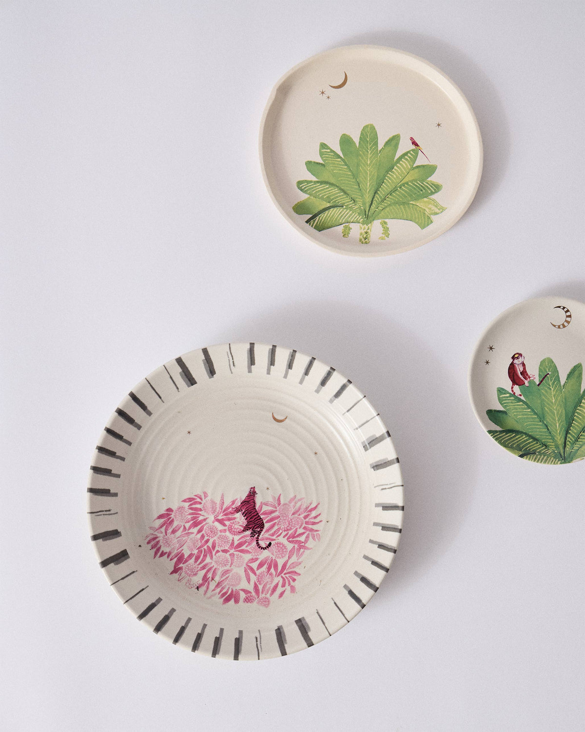 Ceylon Trail Pasta Plate beside two smaller plates with palm leaves.