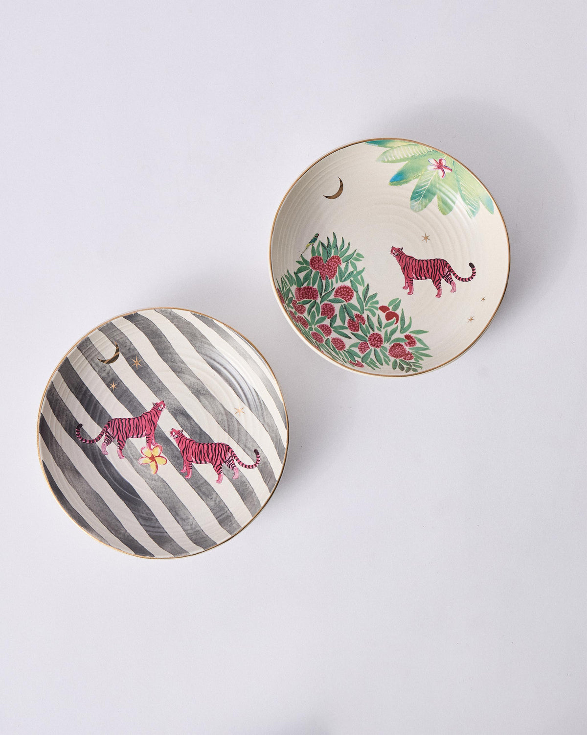 Overhead Ceylon Trail Shallow Bowls with pink tigers, stripes, and foliage.