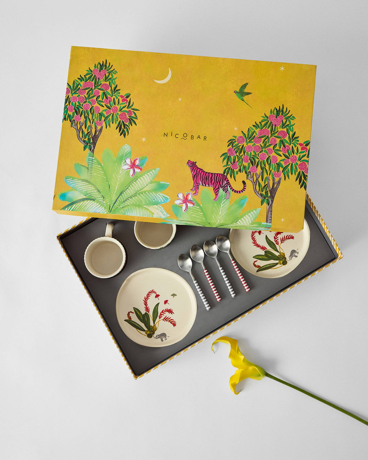Thazin Trail Gift Set in an open box with plates, cups and striped spoons.
