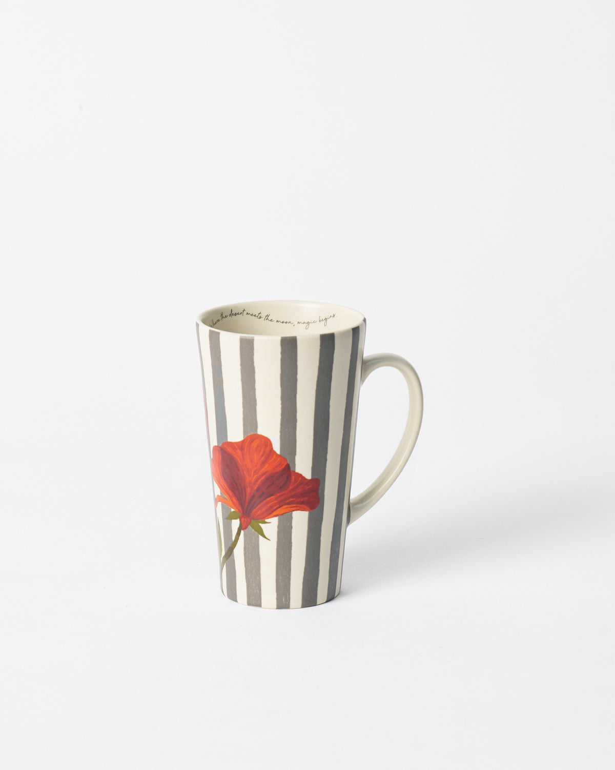 Striped Poppy tall mug with grey stripes, red poppy and a quote inside.