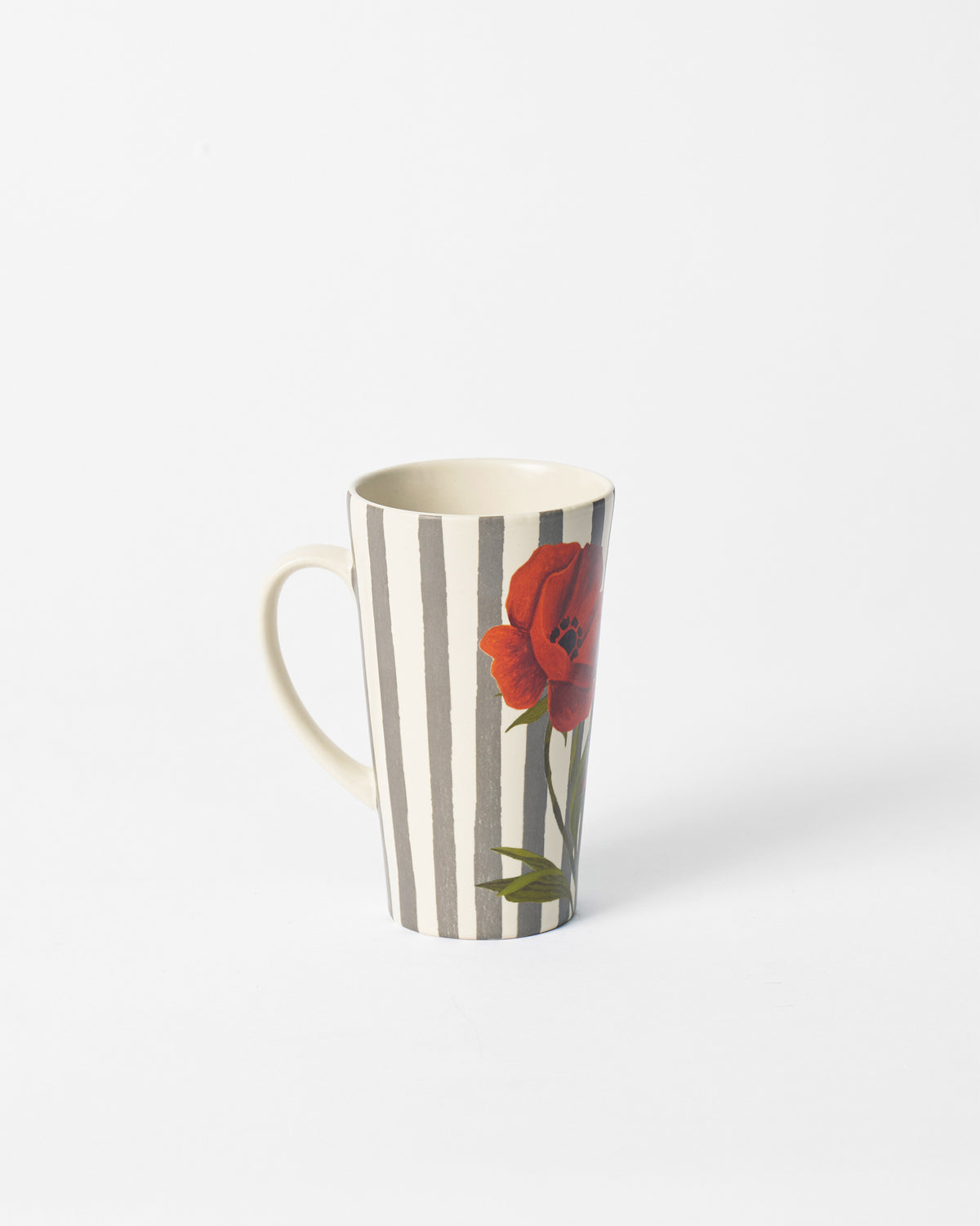 Striped Poppy tall mug with handle, grey stripes and a red poppy.