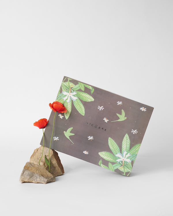 The charcoal gift box with green leaves, white blossoms and birds