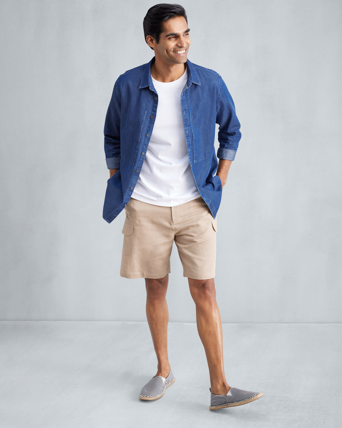 Person wearing a white Everyday T-shirt under an open blue shirt.