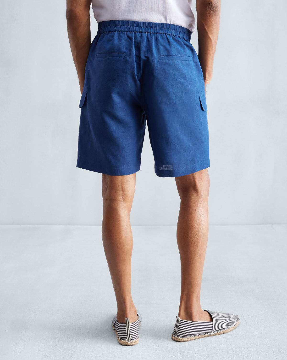 Back of navy Classic Shorts with an elastic waistband.