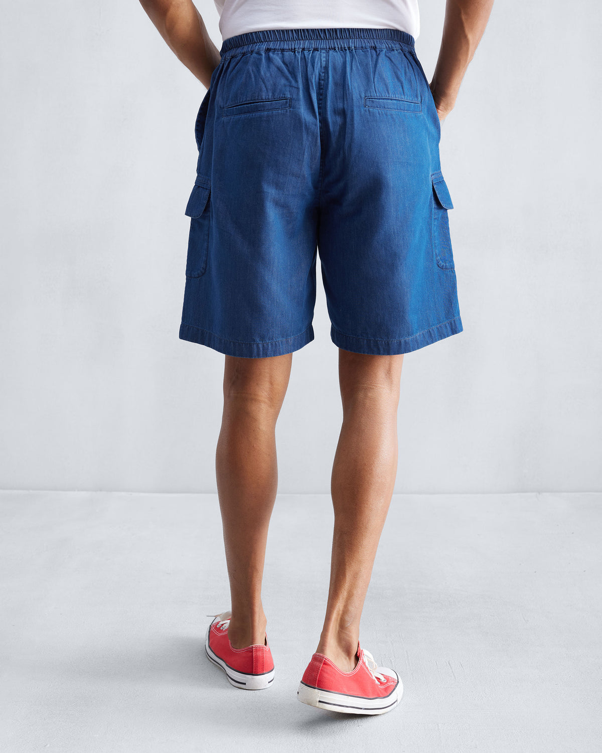 Back of denim Classic Shorts with an elastic waistband.