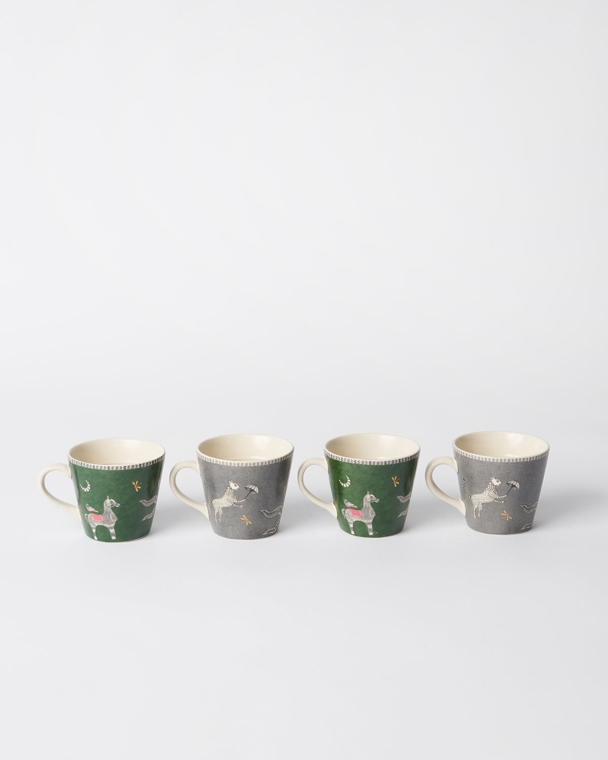 Four Indus espresso mugs alternating green and charcoal with horse prints.