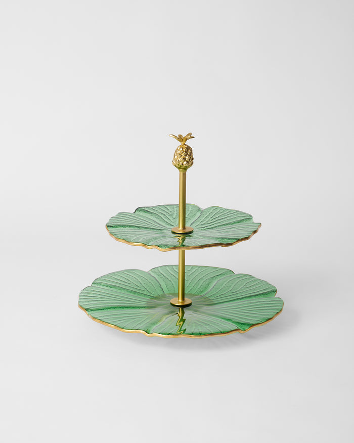 Phool Cake Stand with two green glass leaf-shaped tiers and a gold pineapple top.