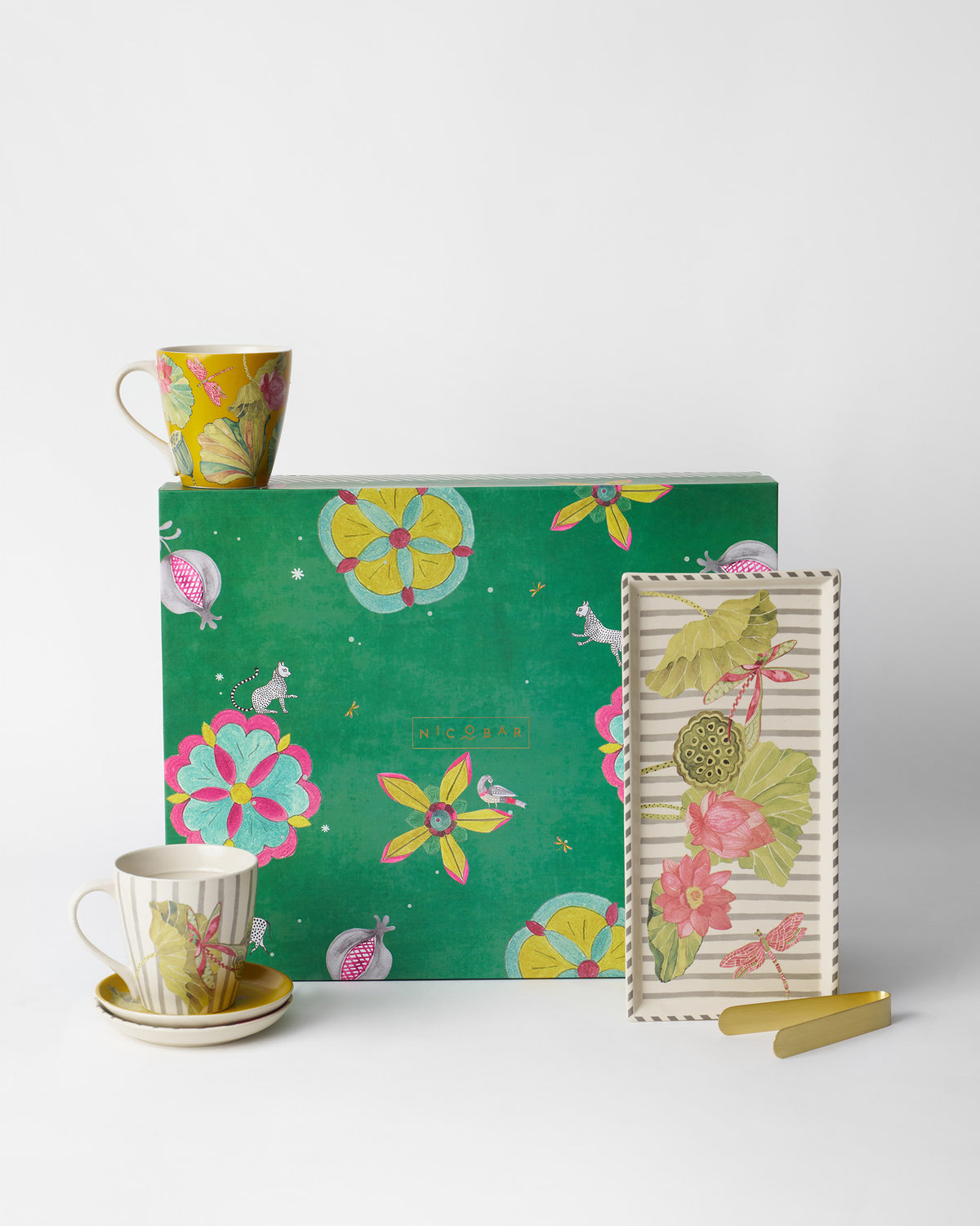 Lotus Garden tea set with lotus tray, mugs, tongs, and green gift box.