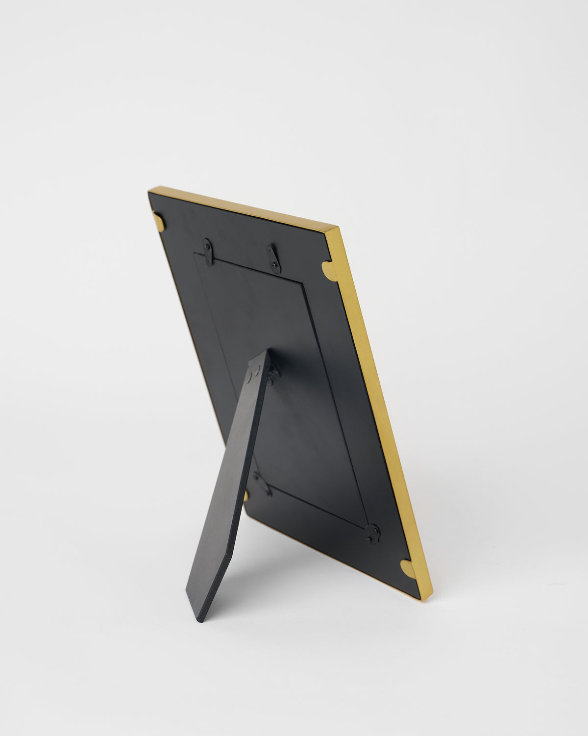 Back of Indus photo frame with black easel stand and hangers.